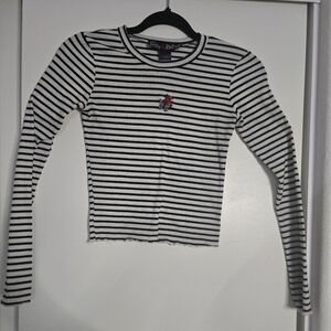 Polly & Esther Black and White Striped Top with Floral Embroidery